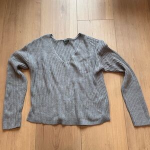 Gray V-Neck Ribbed Sweater